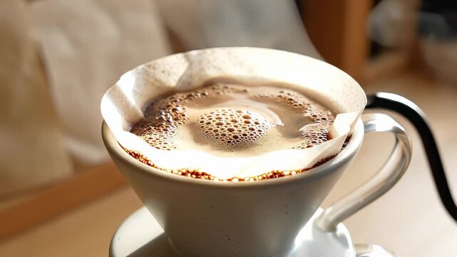 Closeup of handcrafted coffee brewing process with creamy top