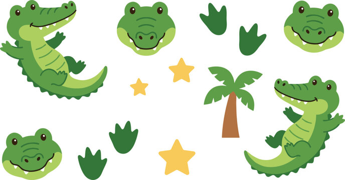 Cute Cartoon Alligator Vector Illustration Set featuring Friendly Crocodile Heads Palm Tree Stars and Footprints for Kids Nursery Graphic Designs