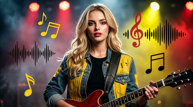 A blonde female guitarist wearing a blue and yellow denim jacket holds a red electric guitar on a smoky stage with vibrant spotlights and musical notes