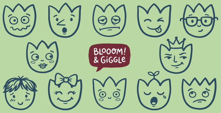 Collection of cute tulip characters with various facial expressions and emotions, including a boy's face.