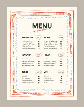 Italian restaurant menu template with hand-drawn decorative border in red, green and gold on cream background, elegant bistro style