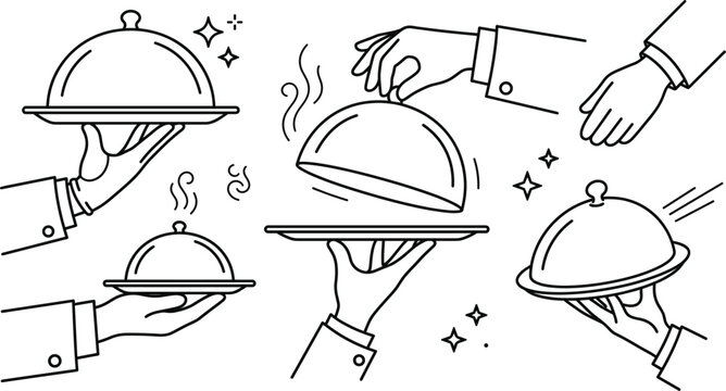Waiter hand holding food tray cloche vector line icon set restaurant catering service dinner platter on white background