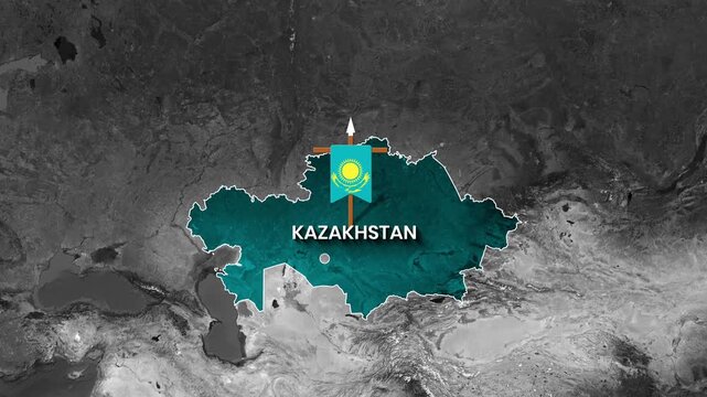 Animated map graphic highlighting the geographical location of Kazakhstan with its national flag