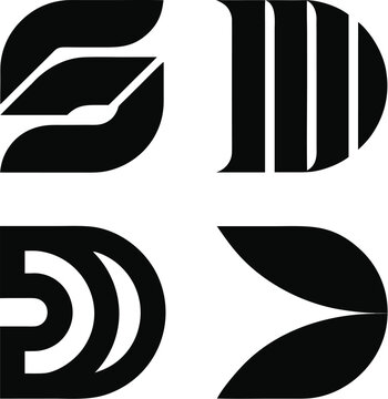 Four creative modern logo designs featuring stylized letter D shapes with curved lines and bold segments in flat black vector.