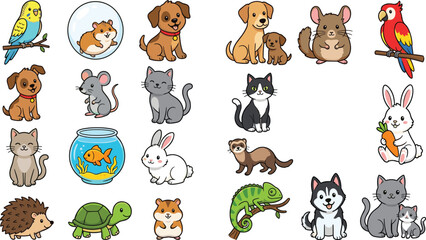 Obraz premium Cute Cartoon Pet Animals Collection — Dogs, Cats, Rabbits & Exotic Pets Clipart Set