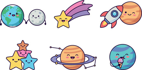 Cute Cartoon Space Vector Character Set featuring Friendly Planets Rocket Shooting Star and Constellations for Kids Nursery Graphic Designs © MD SOJIB 