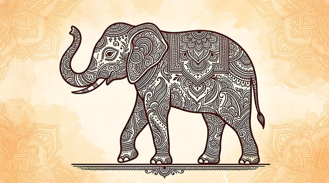 Minimalist Henna Elephant Ornamental Pattern Wide Background Art