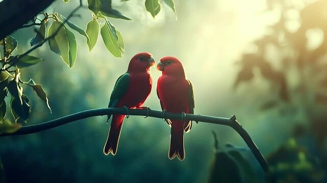 Adorable pair of red lovebirds showing affection while perching on a tree branch in a lush, backlit jungle. Romantic scene of two parrots kissing with a beautiful soft light in the background