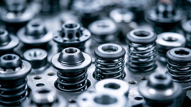 Close medium shot of valve and spring assembly featuring assorted retainers and beehive springs emphasizing the craftsmanship and precision engineering in an automated production