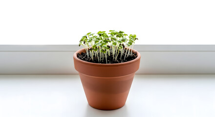 Fototapeta premium A small potted plant with green leaves sits on a white windowsill in natural light
