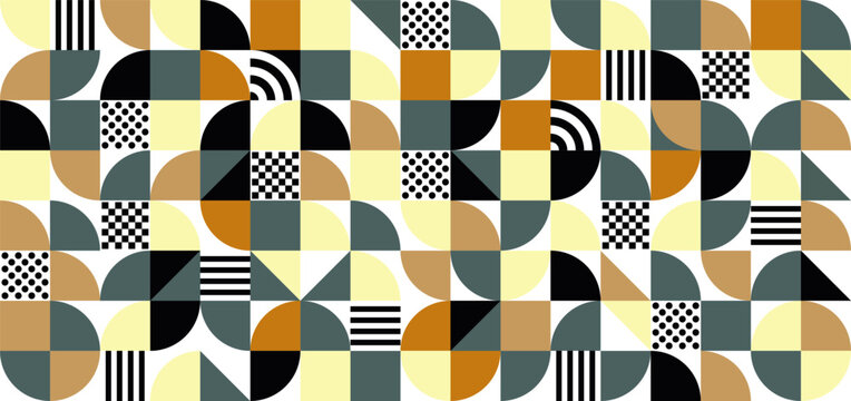 Abstract geometric seamless pattern on white background, minimalist Bauhaus style vector background with circular shapes, triangles, dots and stripes in ochre, green and black tones. Eps 10