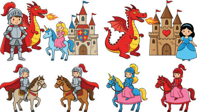 Cartoon Medieval Fantasy Clipart Set &mdash; Knights, Dragons, Princesses, Unicorn & Horses