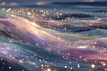 Fototapeta premium Abstract Iridescent Ocean Waves with Glittering Light and Dreamy Pastel Colors