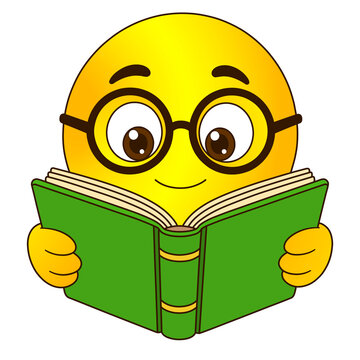 Cute emoji character reading green book isolated on transparent background 