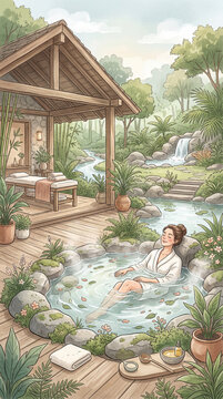  spa and wellness illustration, calming natural palette.