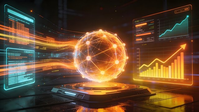 Futuristic Data Analytics Visualization with AI Network and Digital Growth Charts