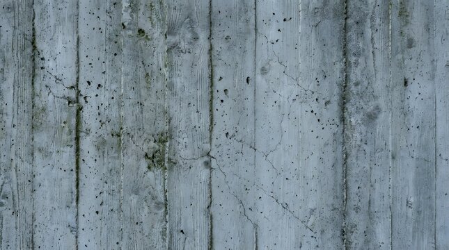 Detailed close up photograph of a weathered grey concrete wall surface showing deep vertical wooden formwork textures and cracks in this industrial style construction material finish
