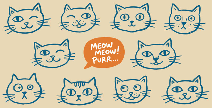 Collection of cute hand-drawn cat faces with various expressions and a speech bubble saying 'Meow Meow Purr'.