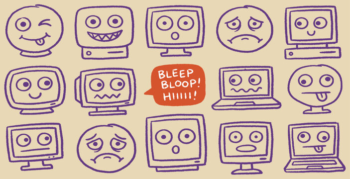 Collection of hand-drawn cartoon computer and face icons with various emotions and expressions.