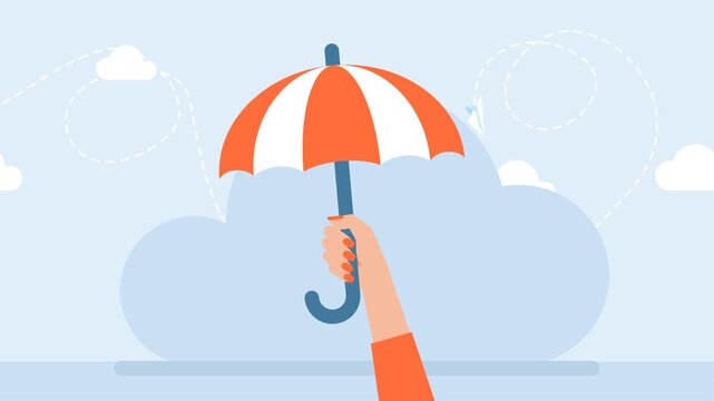 Female hand holding open umbrella. Woman's safety. Front view. Girl in a red sweater holding a white-red striped umbrella to protect her from bad weather. Protection and insurance. 2d flat animation