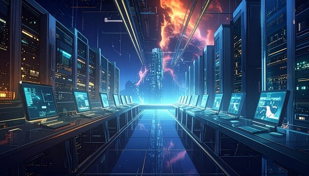 A futuristic computer server room with multiple screens displays a cityscape under a vibrant orange and purple sky.