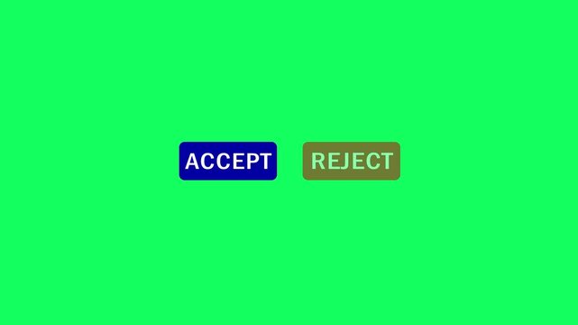 Mouse cursor clicking Accept Reject button icon animation on a green background. Accept with click animation useful for social media, interfaces, infographics, websites, presentation