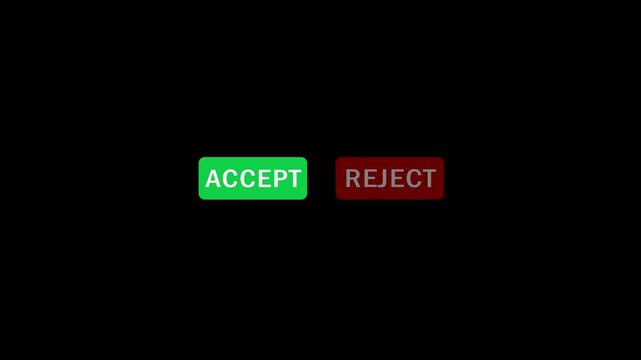 Mouse cursor clicking Accept Reject button icon animation on a black background. Accept with click animation useful for social media, interfaces, infographics, websites, presentation