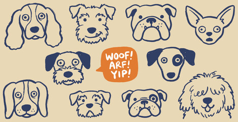 Fototapeta premium Collection of diverse dog faces with different breeds and expressions, including a speech bubble with barks.