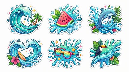 Obraz premium Set of Colorful Tropical Summer Stickers with Waves Dolphin and Watermelon