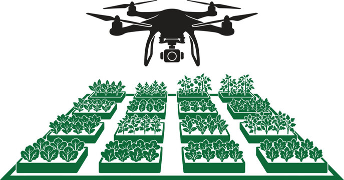 Smart agriculture drone monitoring green rooftop garden silhouette.