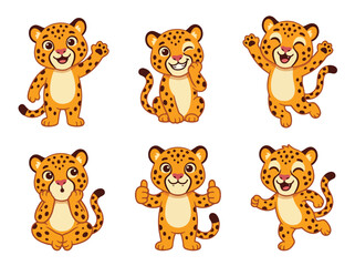 Obraz premium Cute cheetah cartoon character collection with playful poses and expressive emotions. Kawaii wild animal vector set for kids, stickers and nursery design