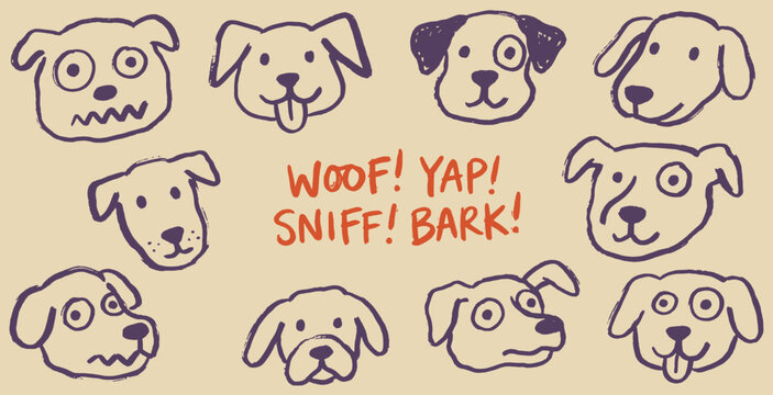Collection of Hand-Drawn Dog Faces with Onomatopoeia Words.