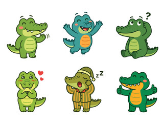 Obraz premium Cute crocodile cartoon mascot collection with playful expressions and adorable poses. Kawaii reptile sticker vector set for kids and fun designs