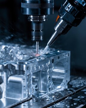 Hybrid engine block machining process with focus on innovative CNC tools shaping composite metal parts demonstrating modern manufacturing efficiency and precision control.