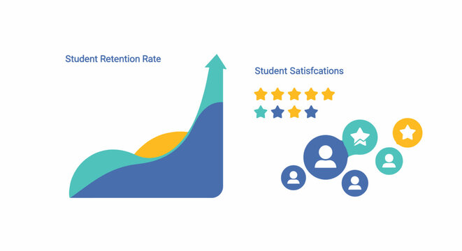 Infographic Illustration of Student Retention Rate and Satisfaction Metrics with Growth Chart and Star Ratings for Educational Data Analysis