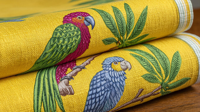 Decorative yellow fabric with colorful parrot and tropical leaf pattern tropical botanical