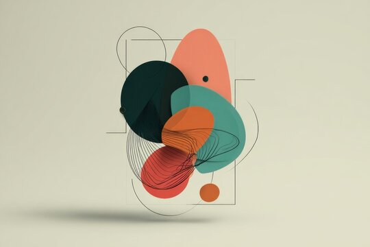 Abstract geometric composition with overlapping shapes and lines on neutral background