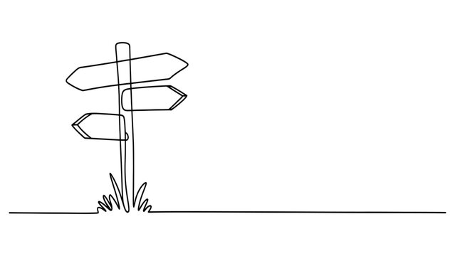 Continuous line drawing of a wooden signpost with three blank arrows
