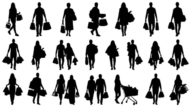 Silhouettes of people walking with strollers and shopping bags