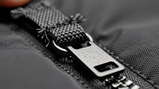 Closeup Macro Shot of a Damaged Zipper Pull Tab on Fabric.