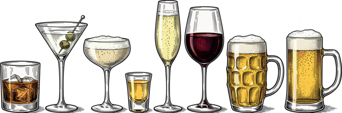 Alcoholic drinks and cocktails vector engraving set with beer wine whiskey champagne martini shot glasses for bar restaurant menu design isolated illustration