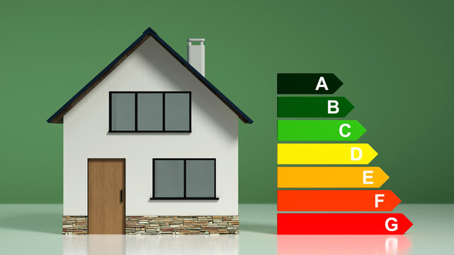 Concept de diagnostic de performance &eacute;nerg&eacute;tique avec une maquette de maison et l'&eacute;chelle du DPE de A &agrave; G, isol&eacute;s sur fond vert
