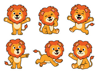 Fototapeta premium Cute lion cartoon mascot collection with expressive poses and playful emotions. Adorable jungle animal vector set for stickers and kids designs