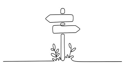 Continuous line drawing of a wooden signpost with two blank signs © Dipa Roy