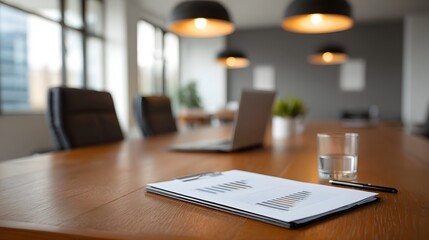 Naklejka premium A close up view of important business documents and a glass of water on a workspace evoking a focused and professional planning mood