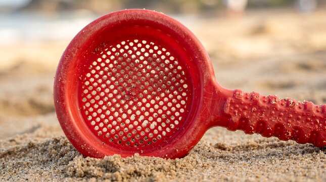 Close-up of a vibrant red plastic sand sifter resting on the textured golden sand of a beach, ready for play.