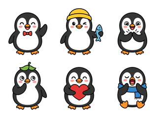 Naklejka premium Cute penguin cartoon mascot collection with funny emotions and adorable poses. Kawaii winter animal vector set for stickers and kids projects