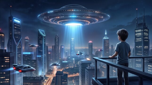 Metropolis at night with unidentified flying object hovering above skyscrapers. Preteen boy watching saucer-shaped craft from high-rise balcony in futuristic city.