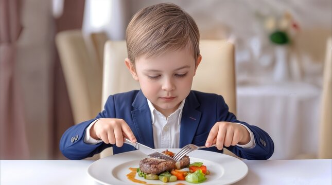 Son eating gourmet meal at elegant restaurant table. Child in suit jacket using knife and fork to cut steak.