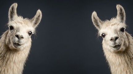 Naklejka premium Two fluffy white llamas with curious and funny expressions look directly at the camera against a dark gray background.